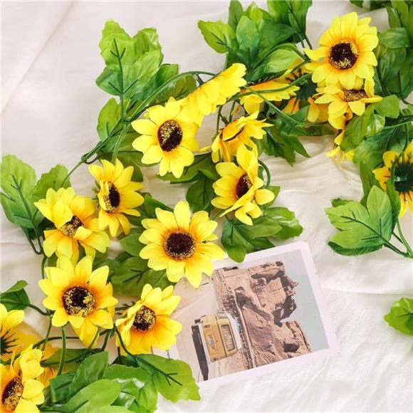 8pcs 60ft Artificial Sunflower Garlands Silk Yellow Sunflower Vines with Leaves - Picture 4 of 7